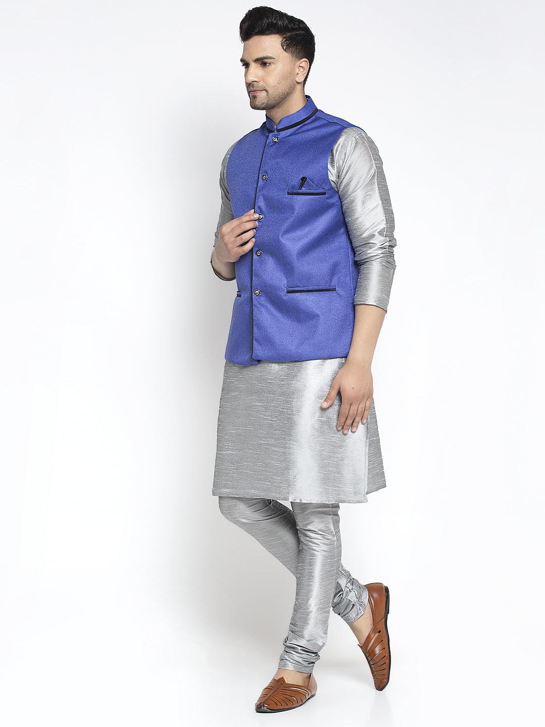 Men's Silk Blend Grey Kurta With Pyjama & Royal Blue Nehru Jacket - Benstoke - Indiakreations