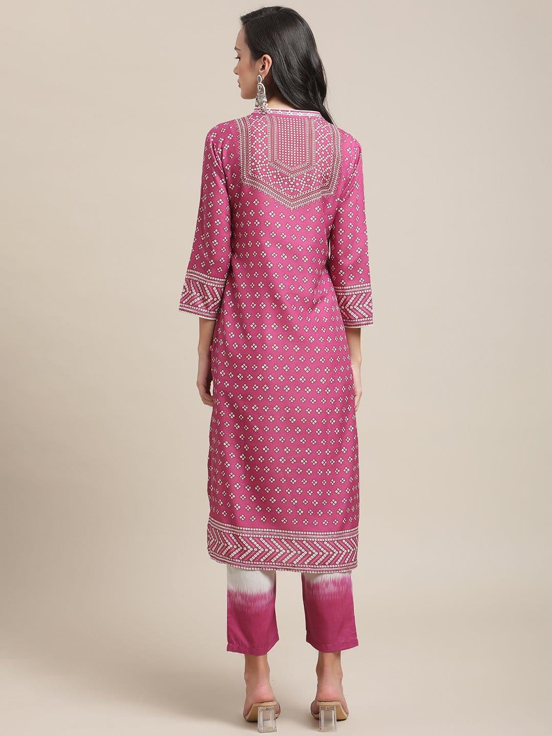 Magenta And Off White Bandhej Printed And Zari Embellished Kurta Trouser Set - Indiakreations