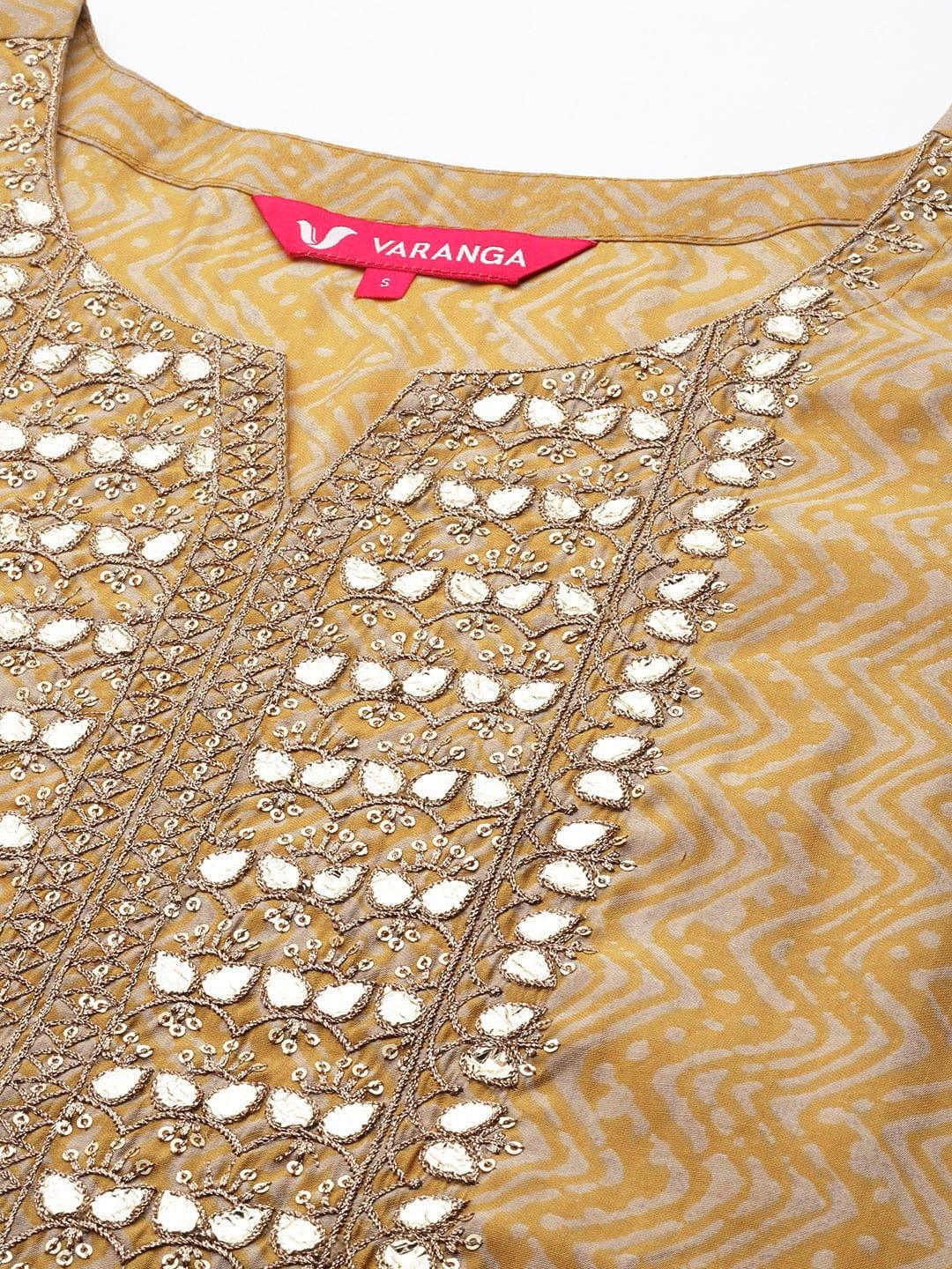 Varanga Women Mustard Yellow Printed Mirror Work Kurta with Trousers & Dupatta - Indiakreations