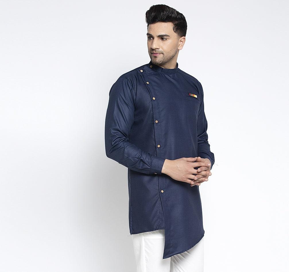 Men's Navy Blue Solid Short Kurta - Benstoke - Indiakreations