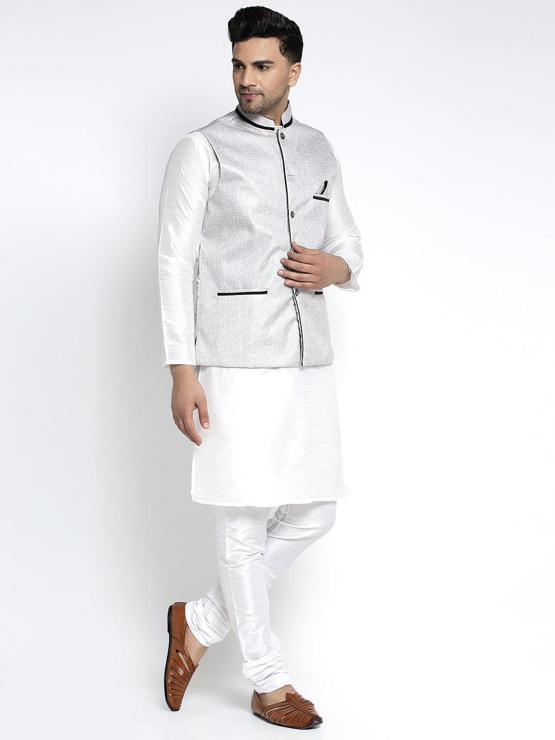 Men's Silk Blend White Kurta With Pyjama & Grey Nehru Jacket - Benstoke - Indiakreations