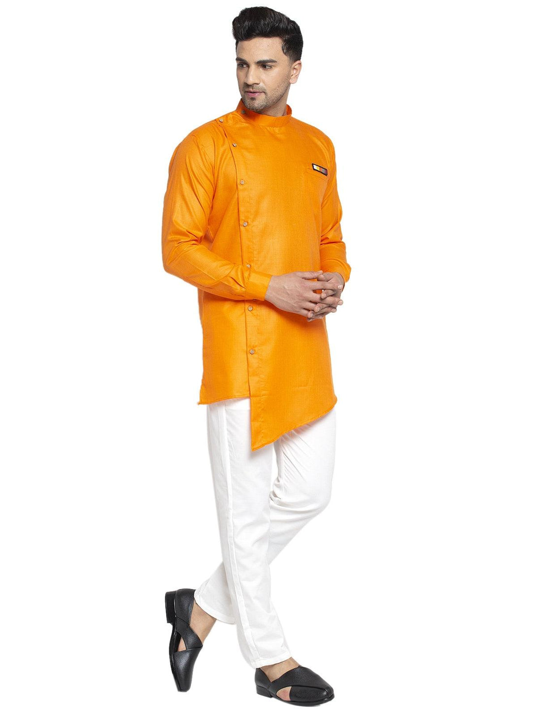 Men's Cotton Orange Asymmetric Solid Kurta With White Trousers - Benstoke - Indiakreations