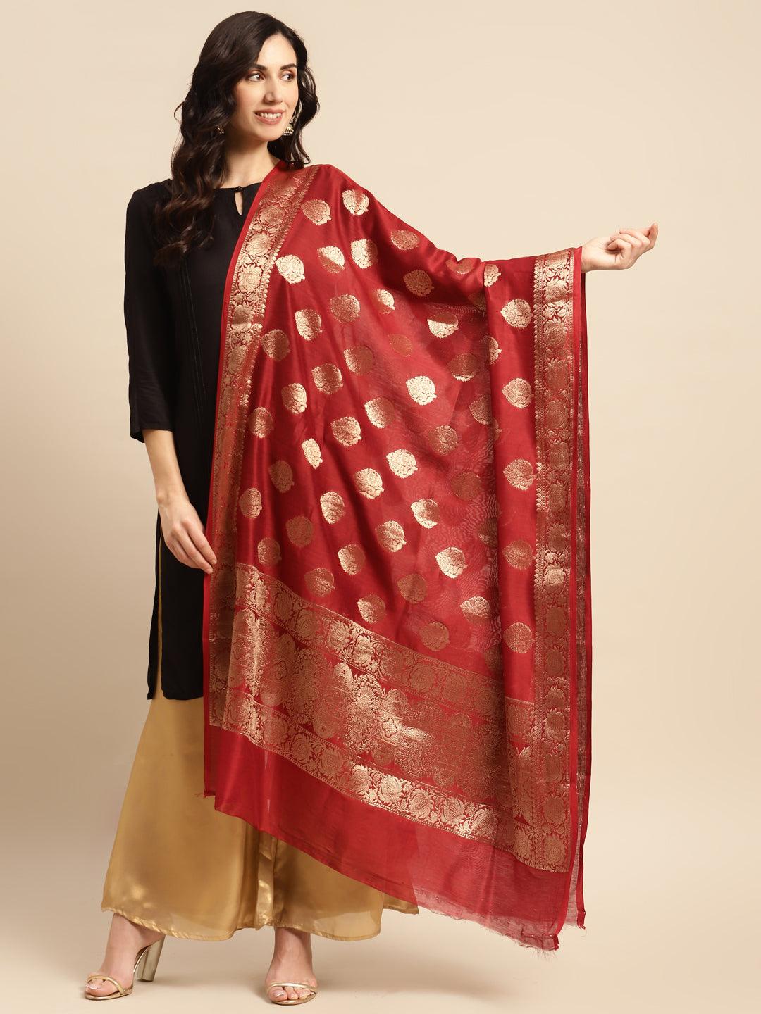 Women's Red Color Ethnic Motifs Woven Design Dupatta With Zari - Varanasi - Indiakreations