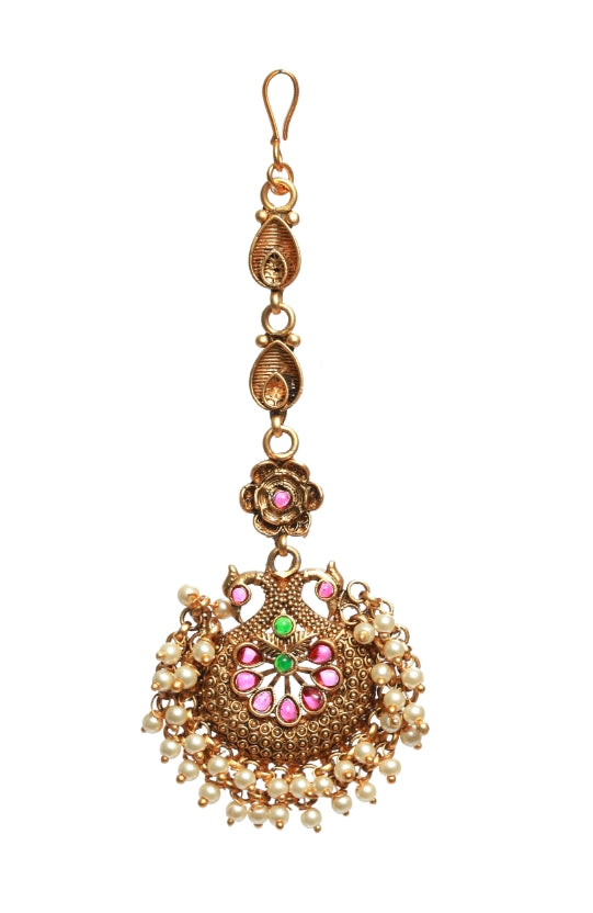 Women's Gold-Plated Green & Pink Stone-Studded & Beaded Temple Maang Tikka - Jazz And Sizzle - Indiakreations