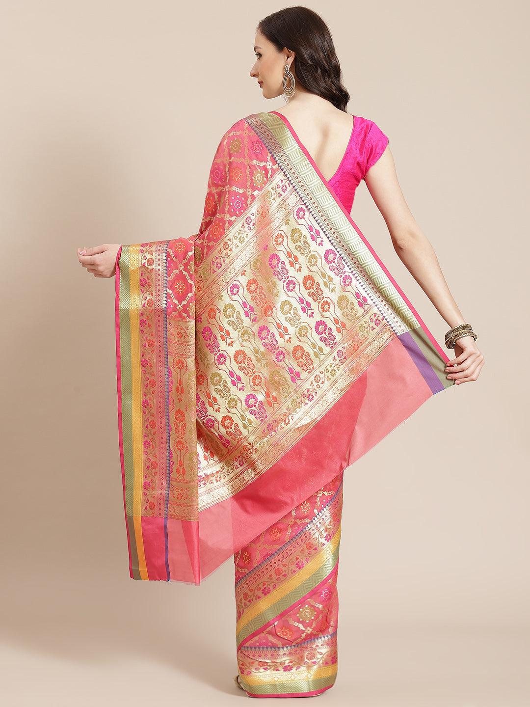 Women's Pink Silk Jaamdani Cutwork Saree - Varanasi - Indiakreations