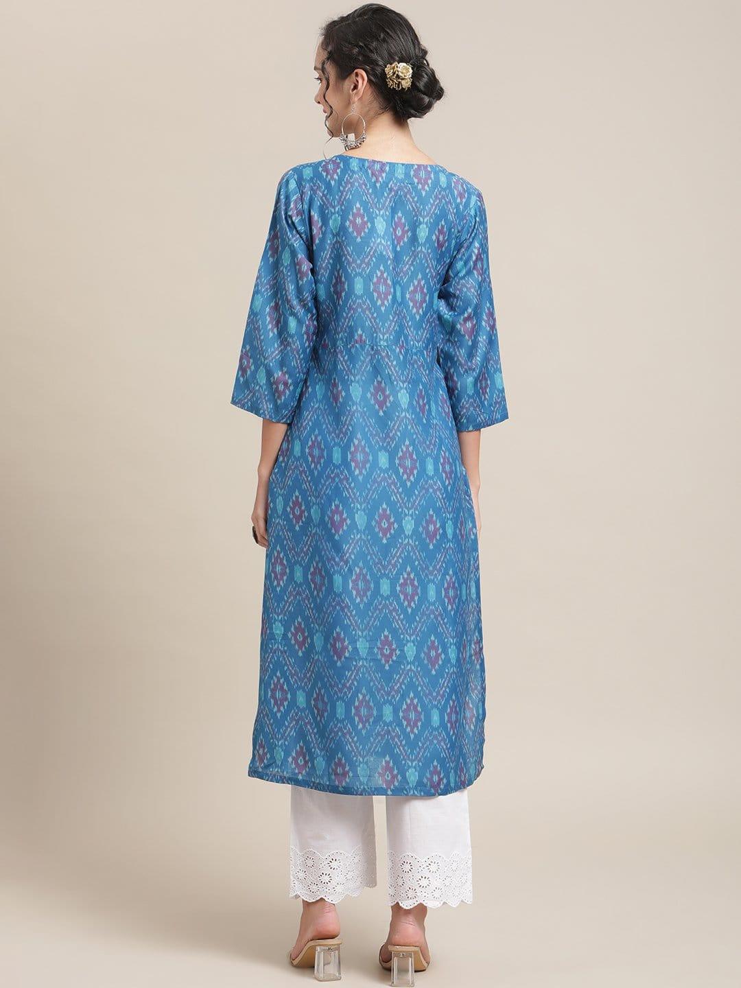 Blue Ikat Printed Round Neck Kurta With Pleated Yoke And 3/4Th Sleeves - Indiakreations