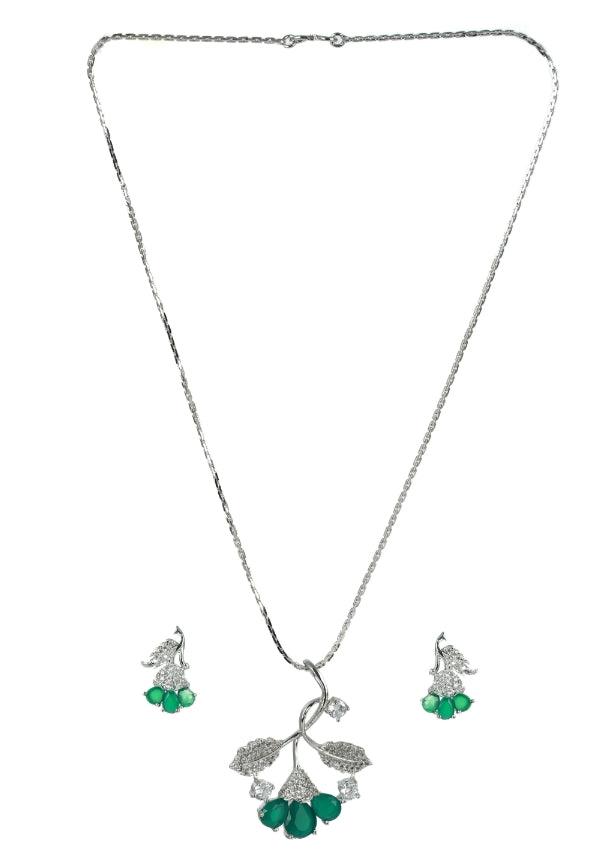 Women's Green American Diamond Silver Plated Statement Pendant & Earring Set - Jazz And Sizzle - Indiakreations