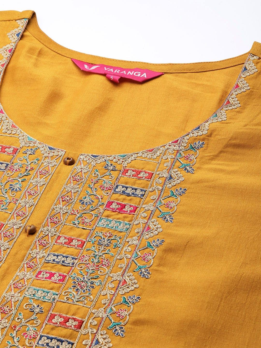 Varanga Women Mustard Yellow Ethnic Motifs Embroidered Kurta with Trousers & Dupatta - Indiakreations