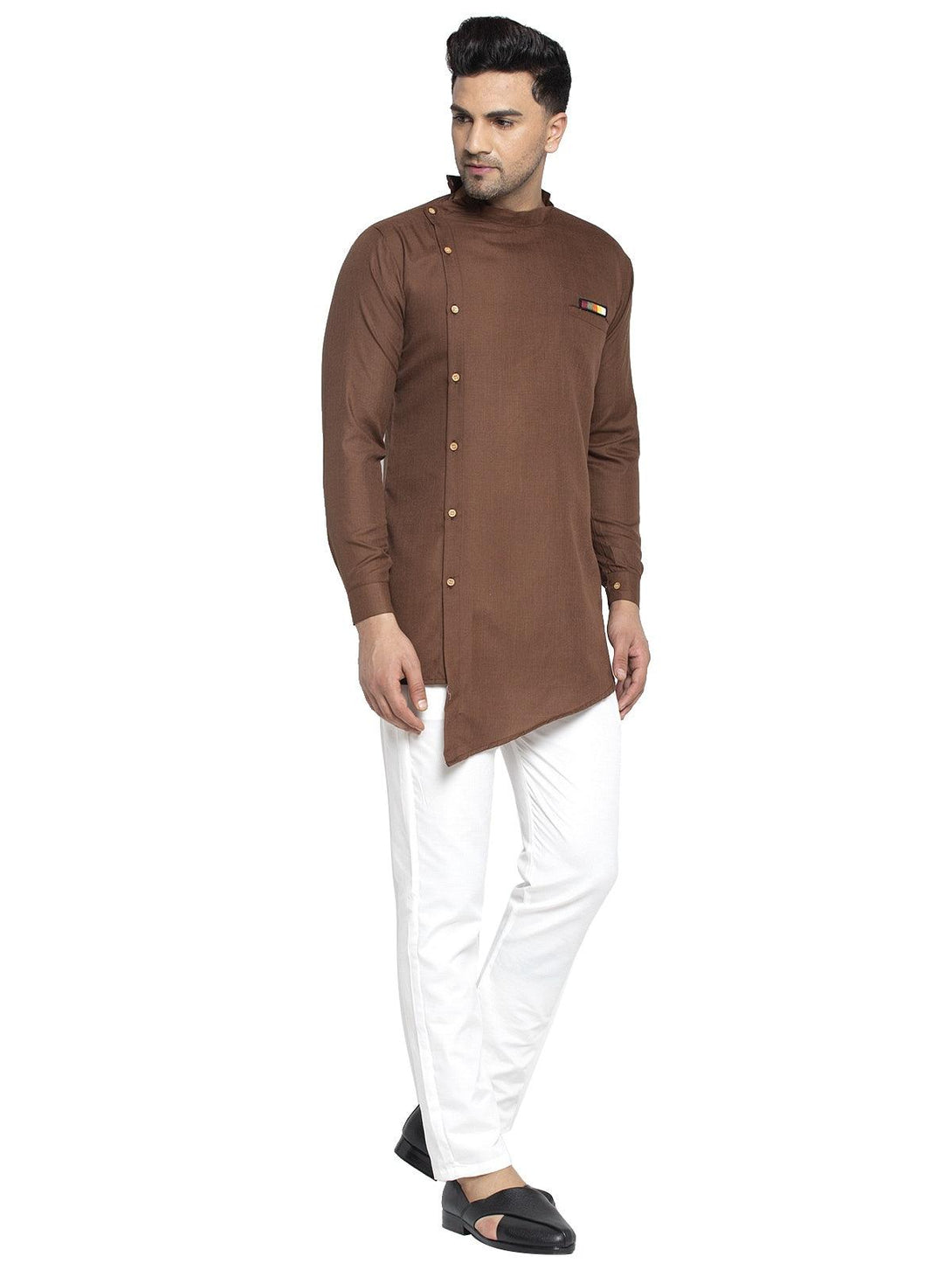 Men's Cotton Brown Asymmetric Solid Kurta With White Trousers - Benstoke - Indiakreations