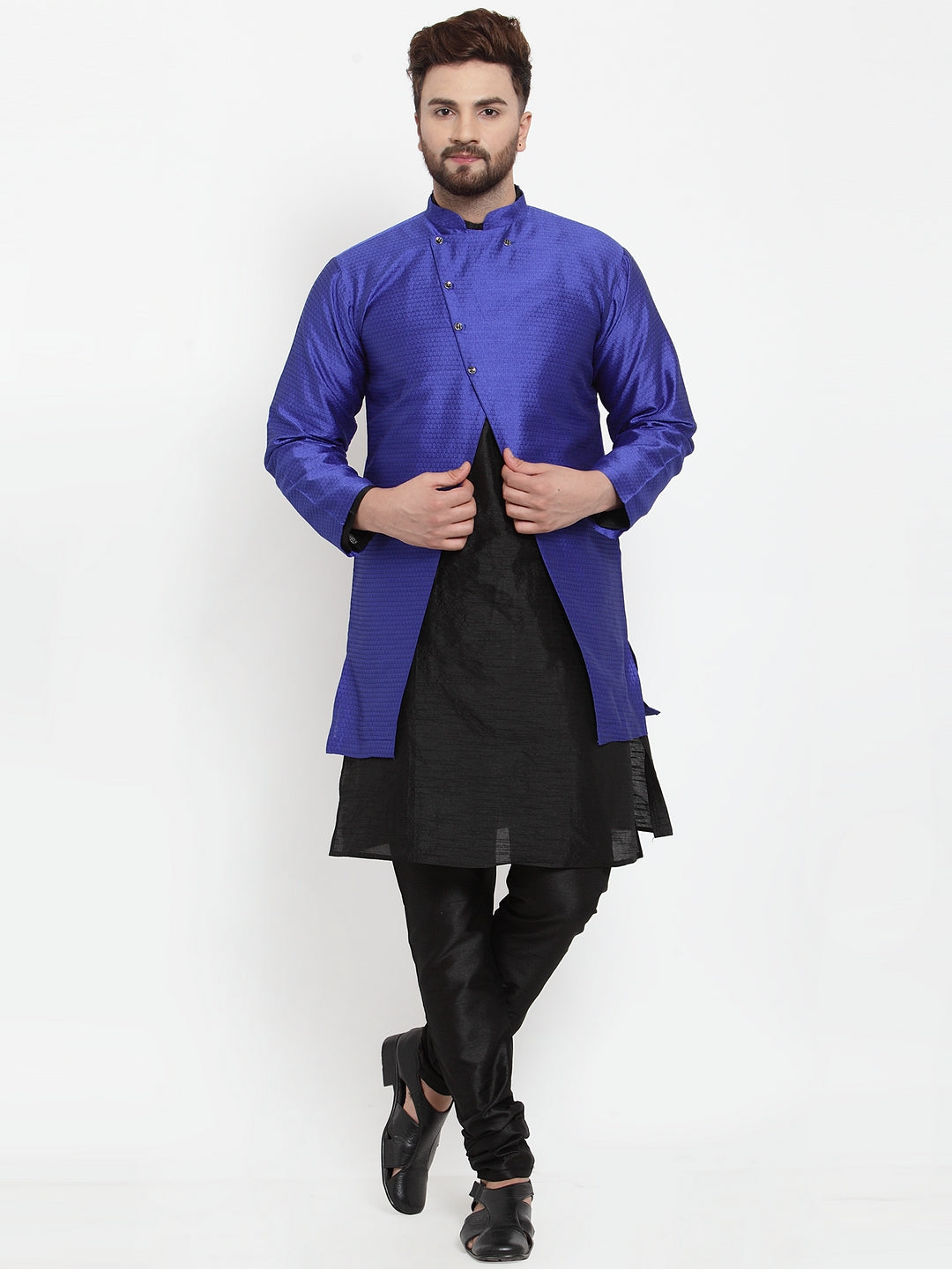 Men's Black Kurta With Pyjama & Royal Blue Self Design Jacket - Benstoke