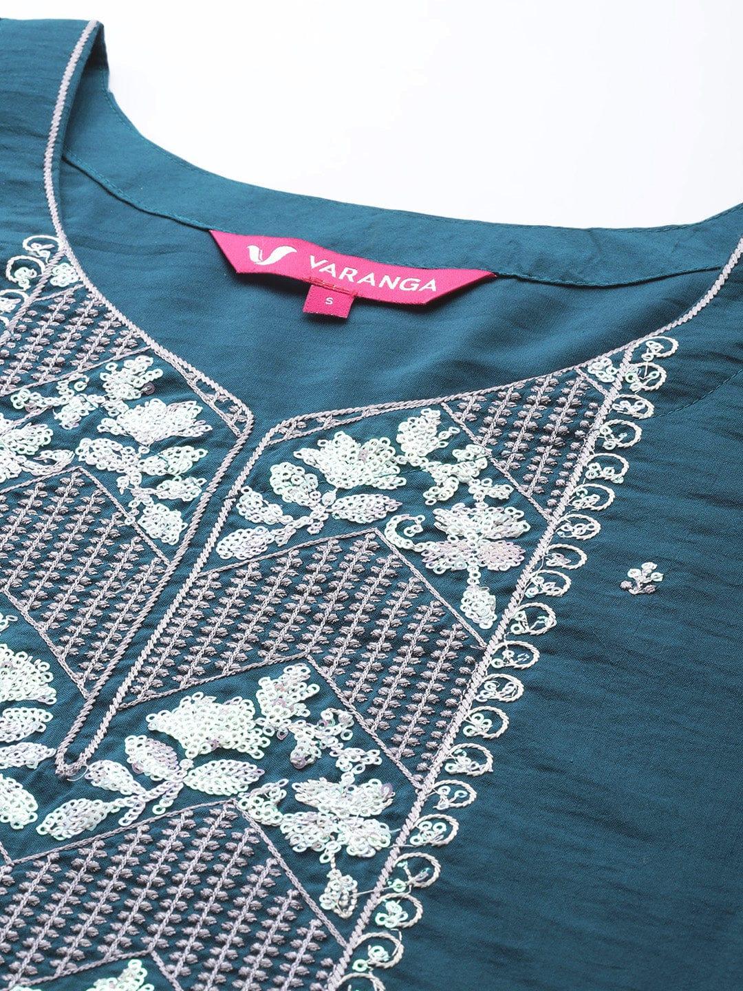 Varanga Women Teal Ethnic Motifs Embroidered Sequinned Kurta with Trousers & With Dupatta - Indiakreations