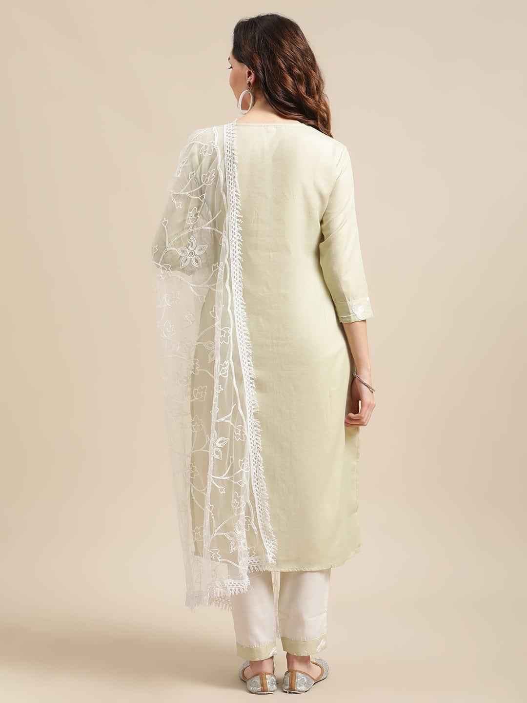 Pista Green Aari Embroidery Kurta Trouser Set With White All Over Embroidery Dupatta - Indiakreations