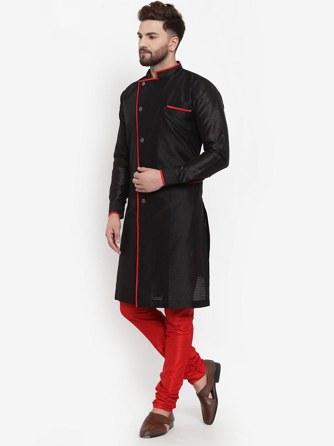 Men's Black Self Design Kurta With Maroon Churidaar Pyjama - Benstoke - Indiakreations