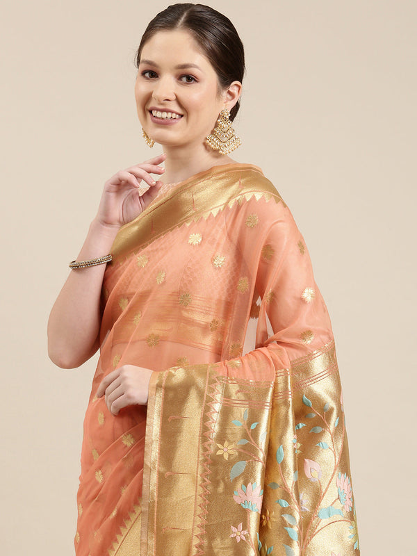 Women's Peach & Golden Organza Paisley Zari Woven Banarasi Saree - Panchhi