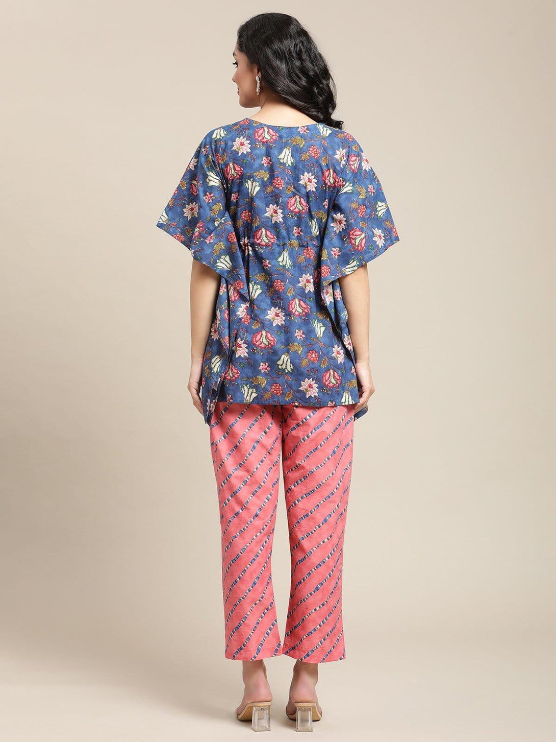 Blue And Peach Floral Printed Kaftan And Trouser Set - Indiakreations