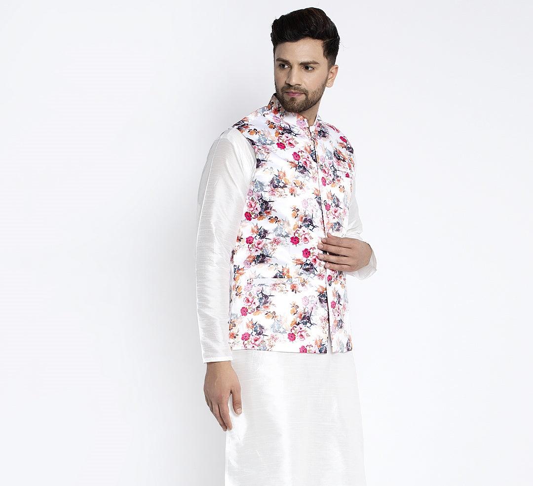 Men's White & Multi Printed Nehru Jacket - Benstoke - Indiakreations