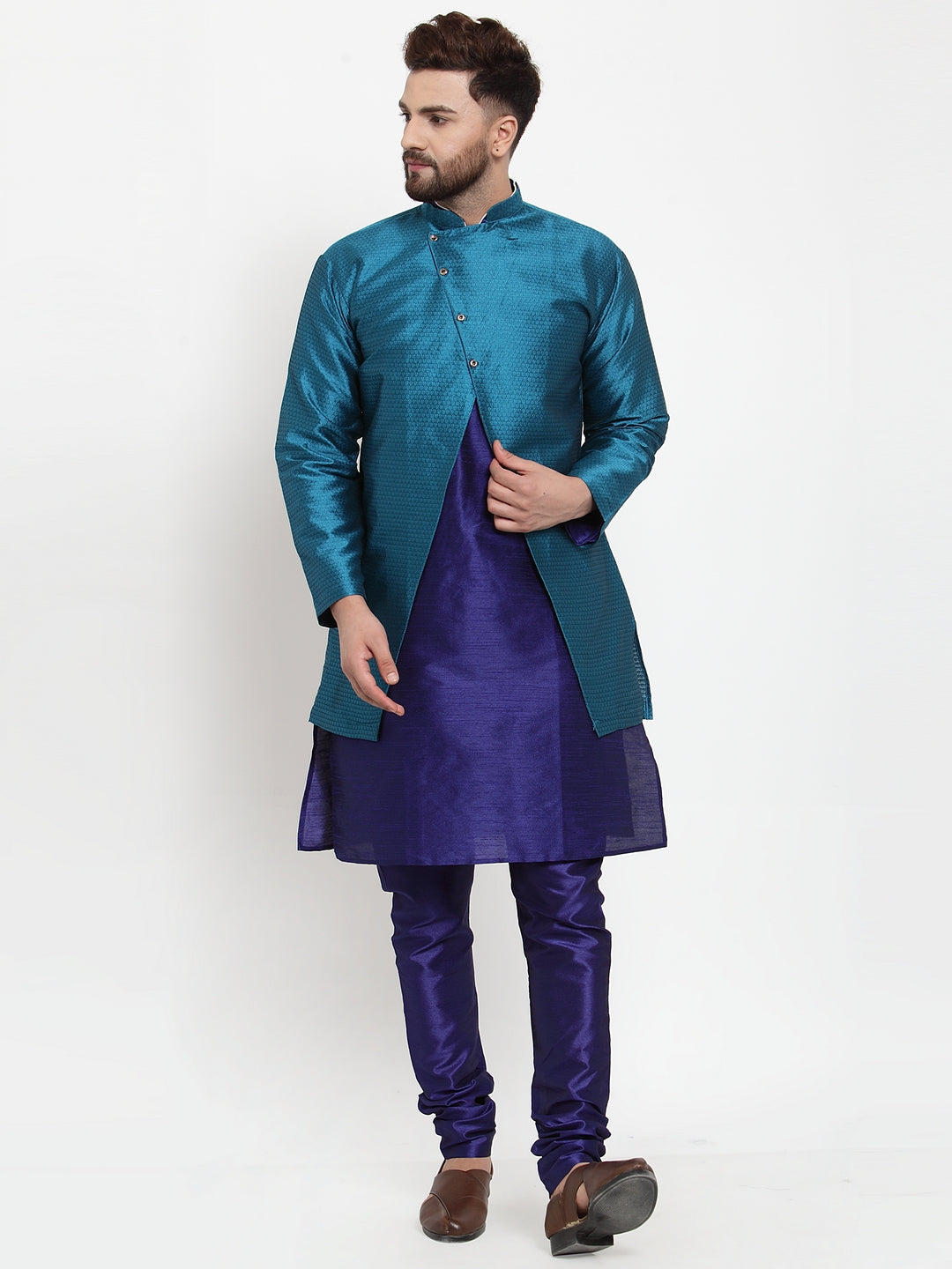 Men's Royal Blue Kurta With Pyjama & Peacock Blue Self Design Jacket - Benstoke