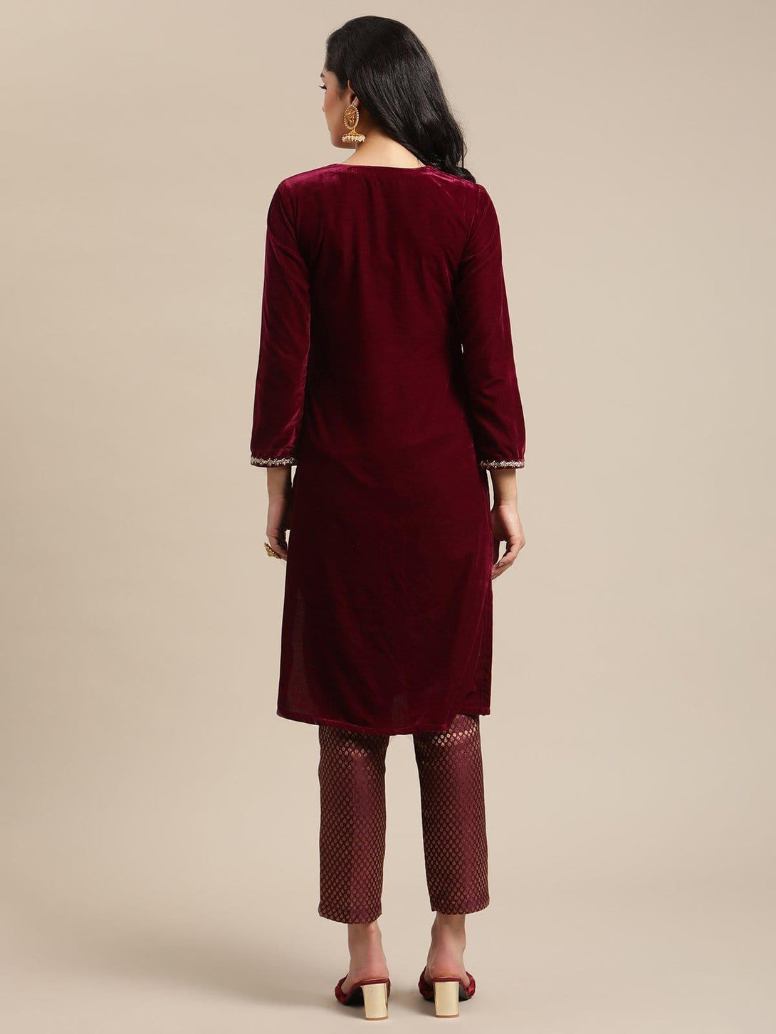 Round Neck Embroidred Velvet Kurta With Long Sleeves And Having Side Slit Paired With Brocade Bottom - Indiakreations