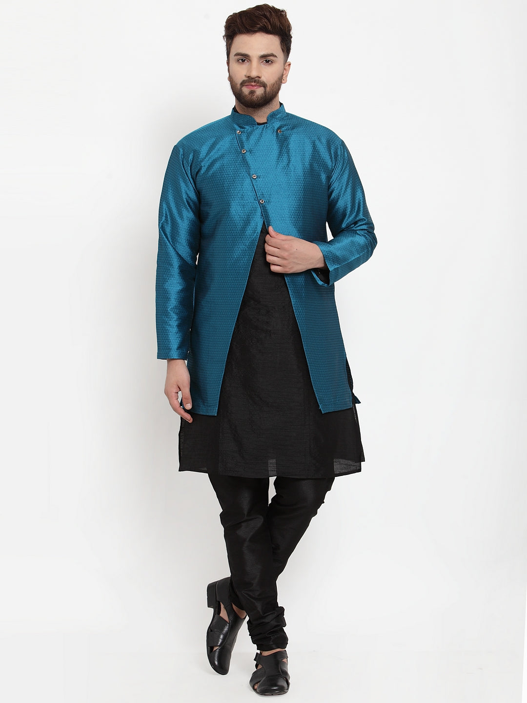 Men's Black Kurta With Pyjama & Peacock Blue Self Design Jacket - Benstoke