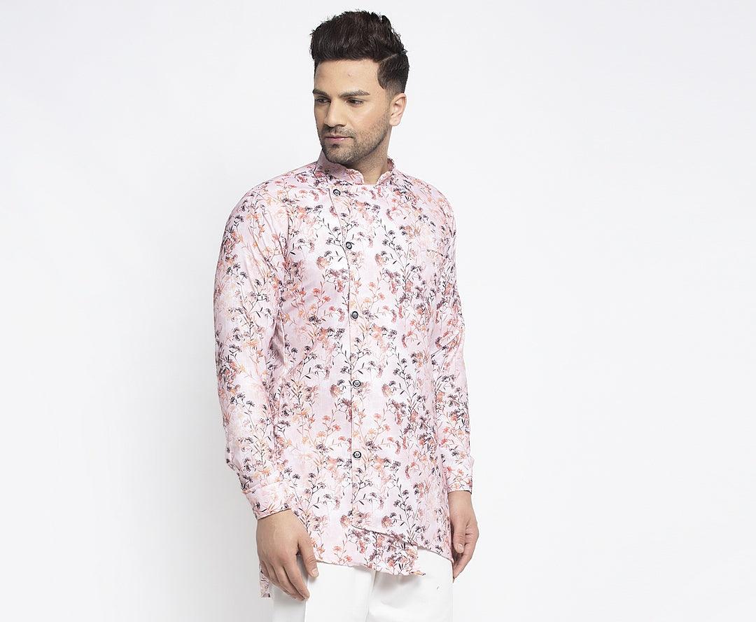 Men's Pink & Multi Asymmetric Printed Short Kurta - Benstoke - Indiakreations