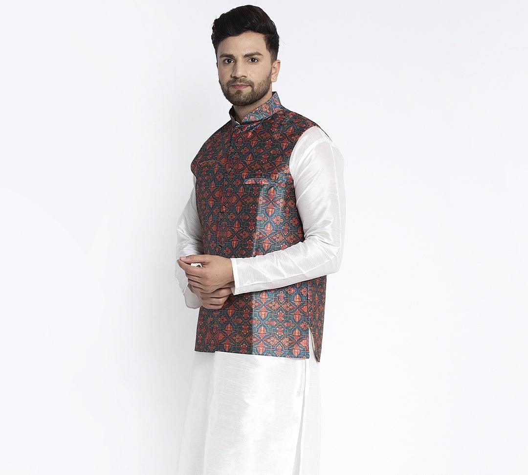 Men's Green & Orange Printed Nehru Jacket - Benstoke - Indiakreations