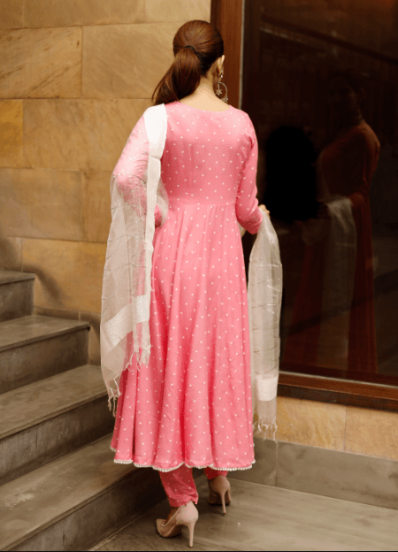 Women's Pink polka print kurta dupatta set - Indiakreations