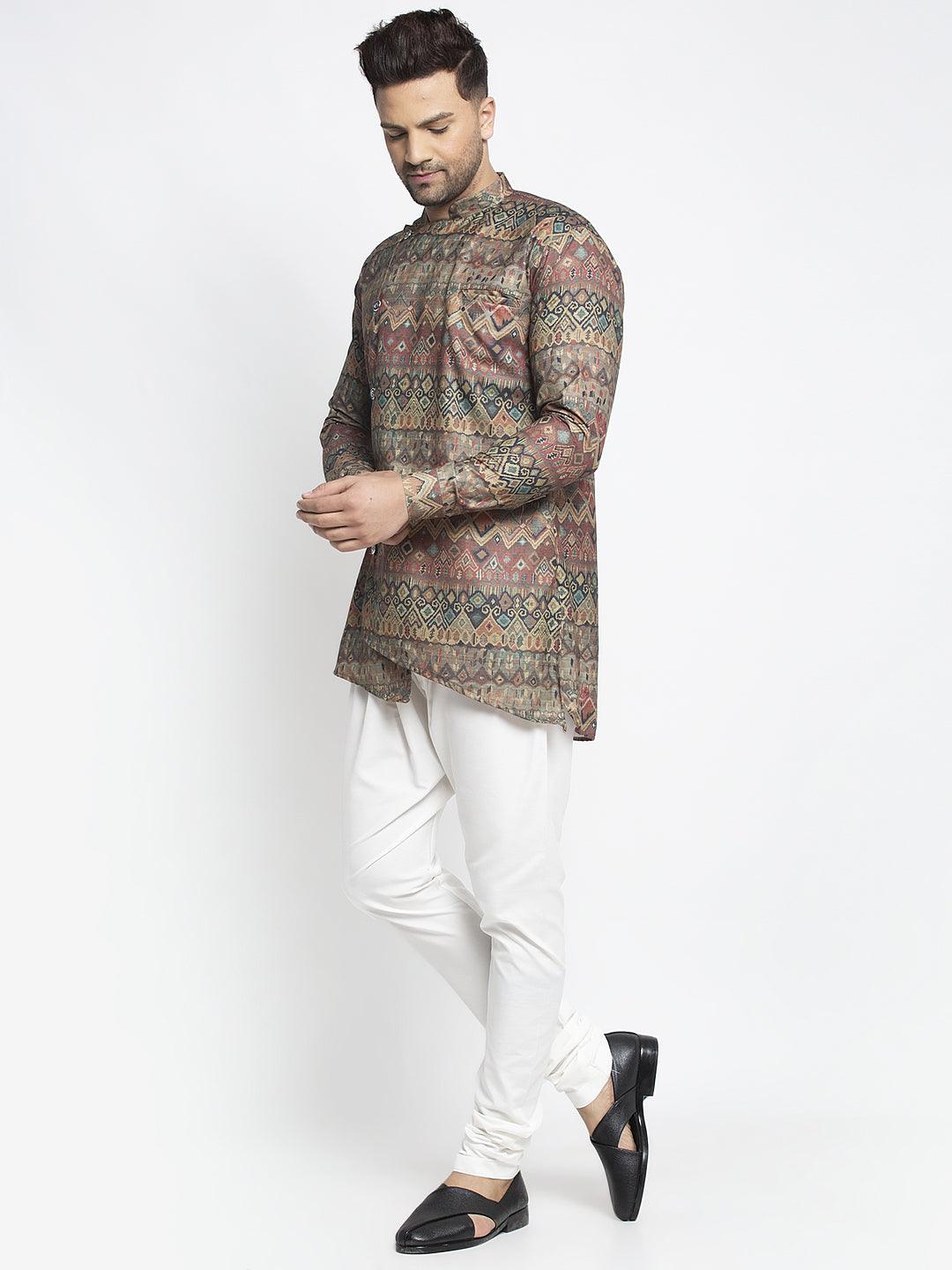 Men's Multicolored Printed Short Kurta With White Pyjama - Benstoke - Indiakreations