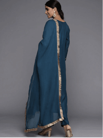 Women Teal Ethnic Motifs Embroidered Kurta with Trousers & With Dupatta - Indiakreations