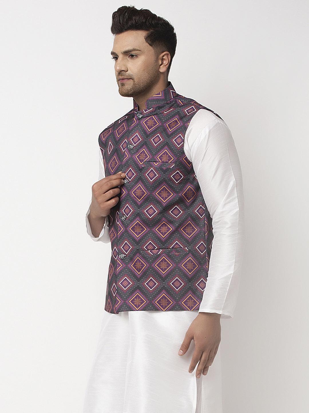 Men's Charcoal Grey & Purple Printed Nehru Jacket - Benstoke - Indiakreations