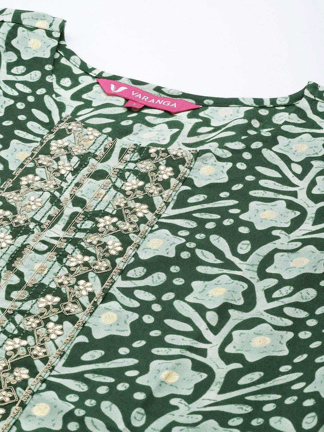 Varanga Women Green Floral Printed Zardozi Kurta - Indiakreations