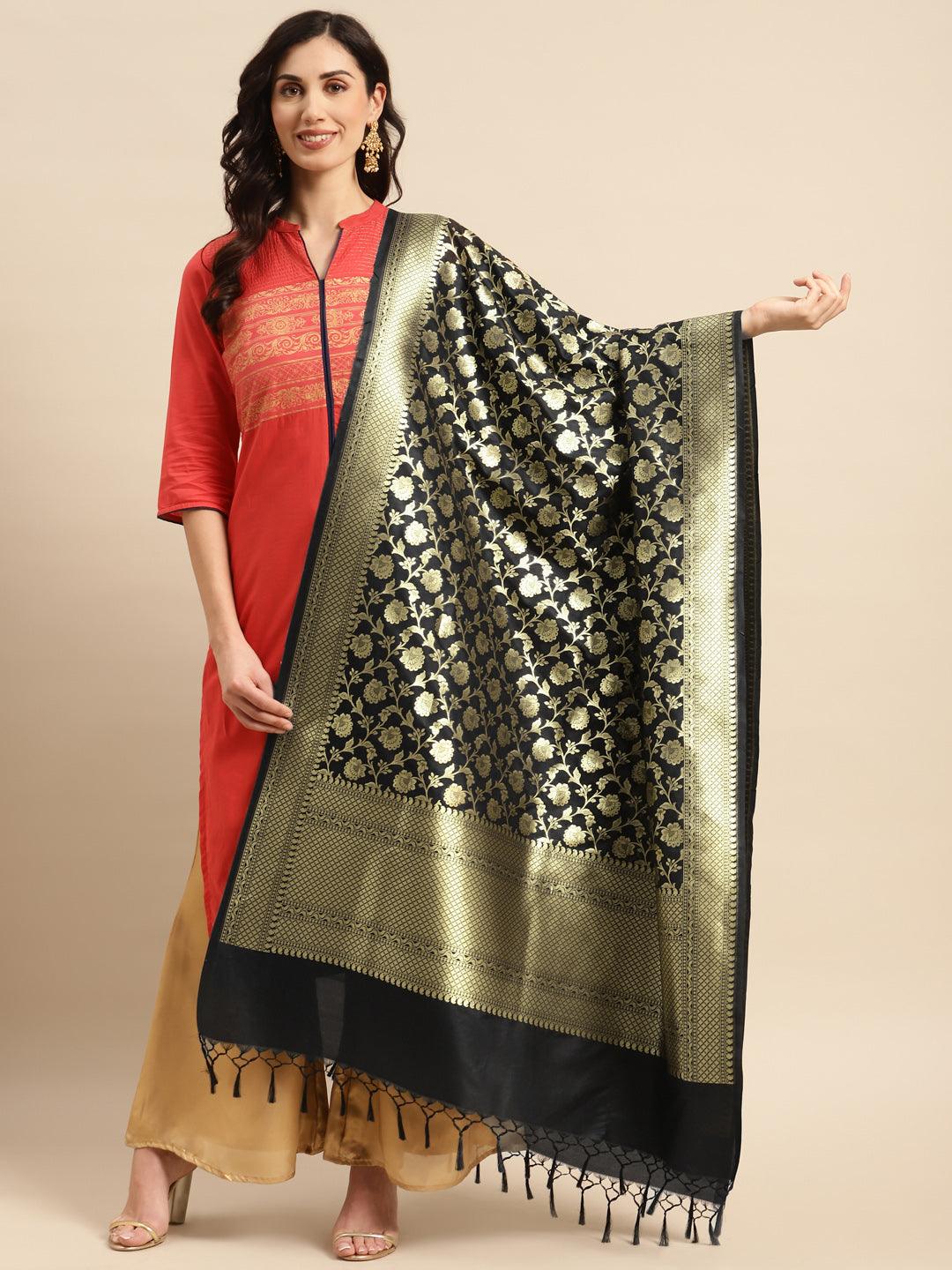 Women's Black Color Ethnic Motifs Woven Design Dupatta With Zari - Varanasi - Indiakreations