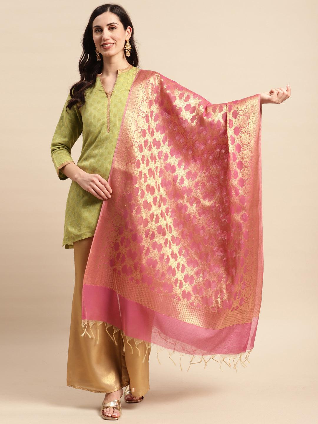 Women's Pink Color Ethnic Motifs Woven Design Dupatta With Zari - Varanasi - Indiakreations