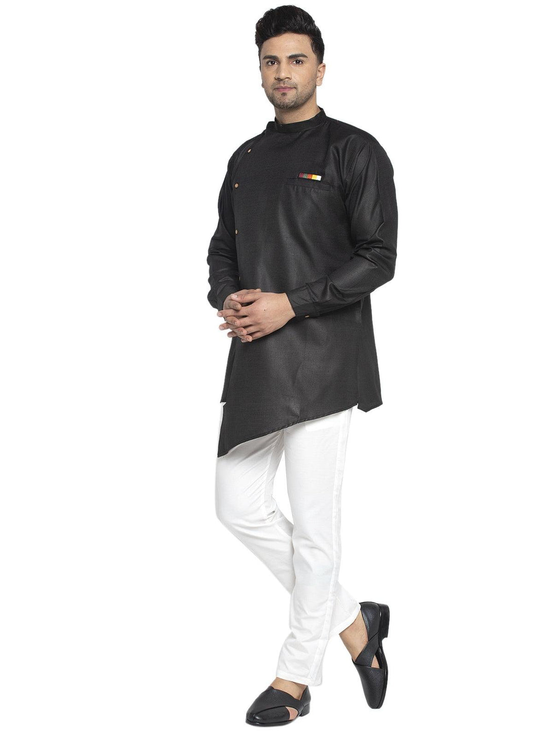 Men's Cotton Black Asymmetric Solid Kurta With White Trousers - Benstoke - Indiakreations