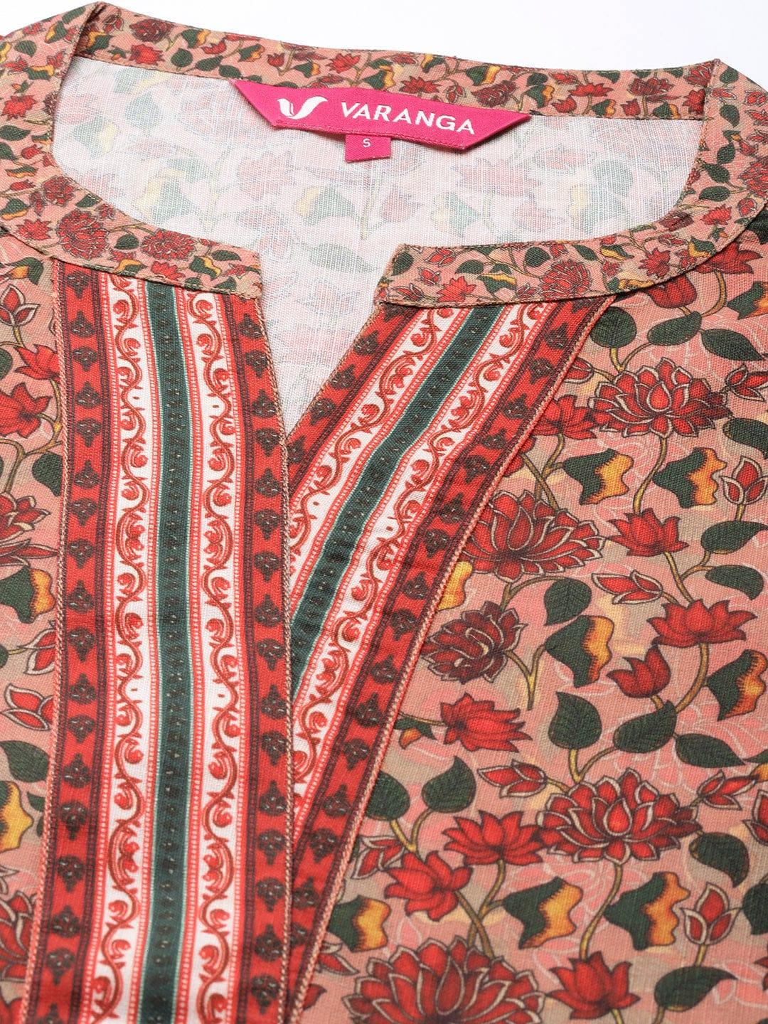 Varanga Women Peach-Coloured Floral Printed Winter Kurta with Palazzos - Indiakreations