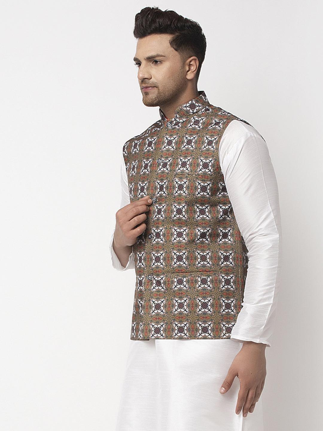 Men's Olive Green & White Printed Nehru Jacket - Benstoke - Indiakreations