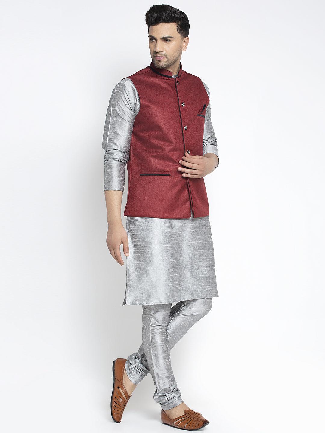 Men's Silk Blend Grey Kurta With Pyjama & Maroon Nehru Jacket - Benstoke - Indiakreations