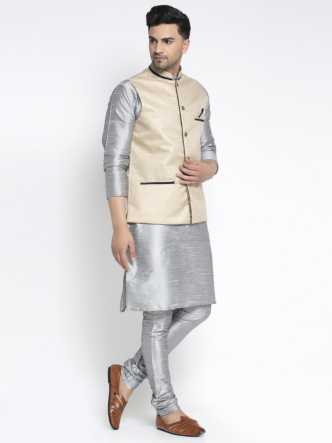 Men's Silk Blend Grey Kurta With Pyjama & Beige Nehru Jacket - Benstoke - Indiakreations