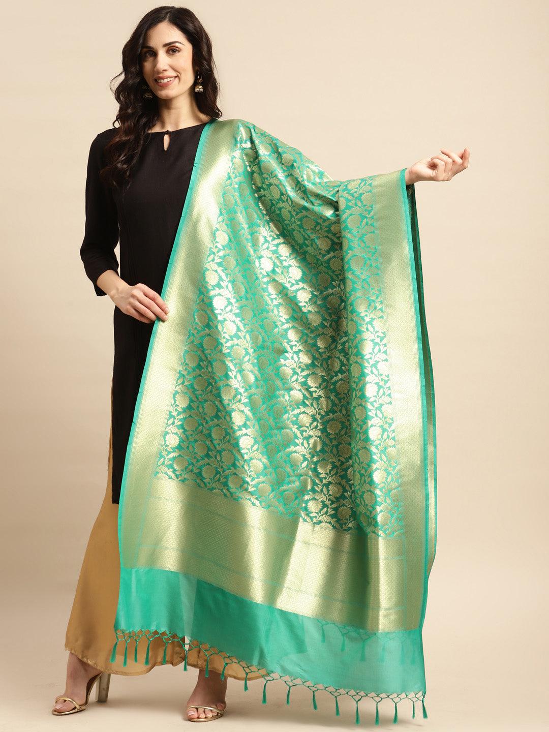 Women's Green Color Ethnic Motifs Woven Design Dupatta With Zari - Varanasi - Indiakreations