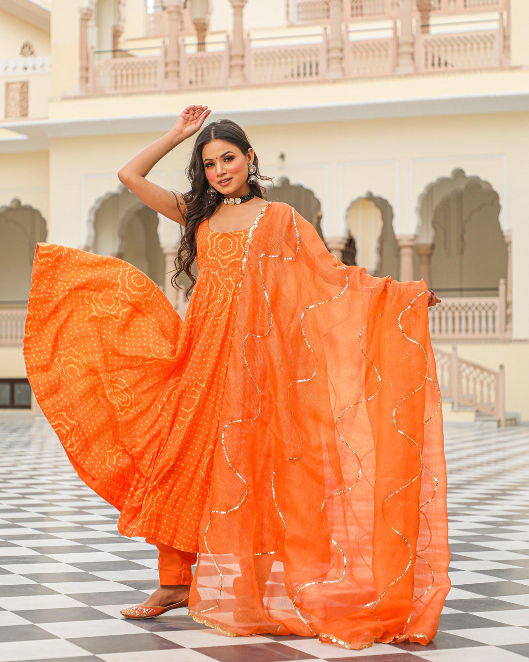 Women's Orange Bandhej Modal Anarkali Kurta Pant Dupatta Set - Baisacrafts - Indiakreations