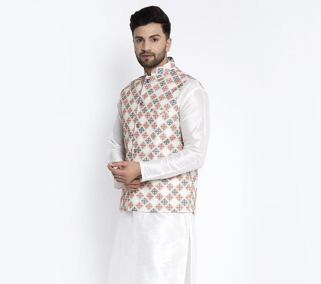 Men's Lime Green & Red Printed Nehru Jacket - Benstoke - Indiakreations