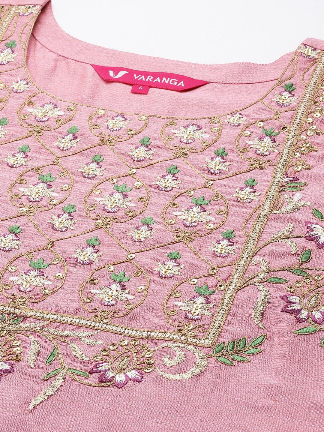 Varanga Women Pink Ethnic Motifs Embroidered Dupion Silk Kurta with Palazzos & With Dupatta - Indiakreations