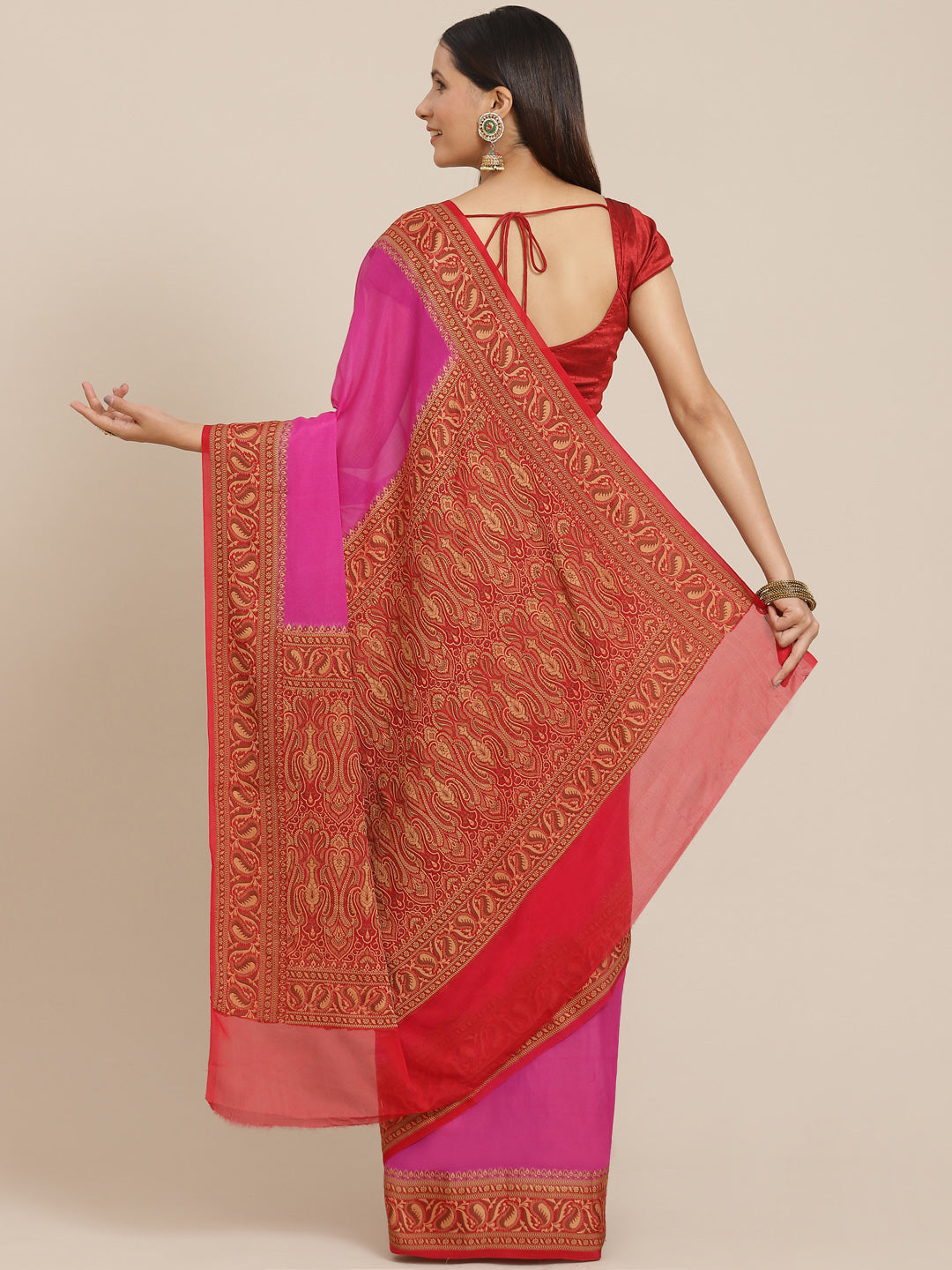 Women's Pure Chiffon Silk Aachal Border Saree - Varanasi - Indiakreations