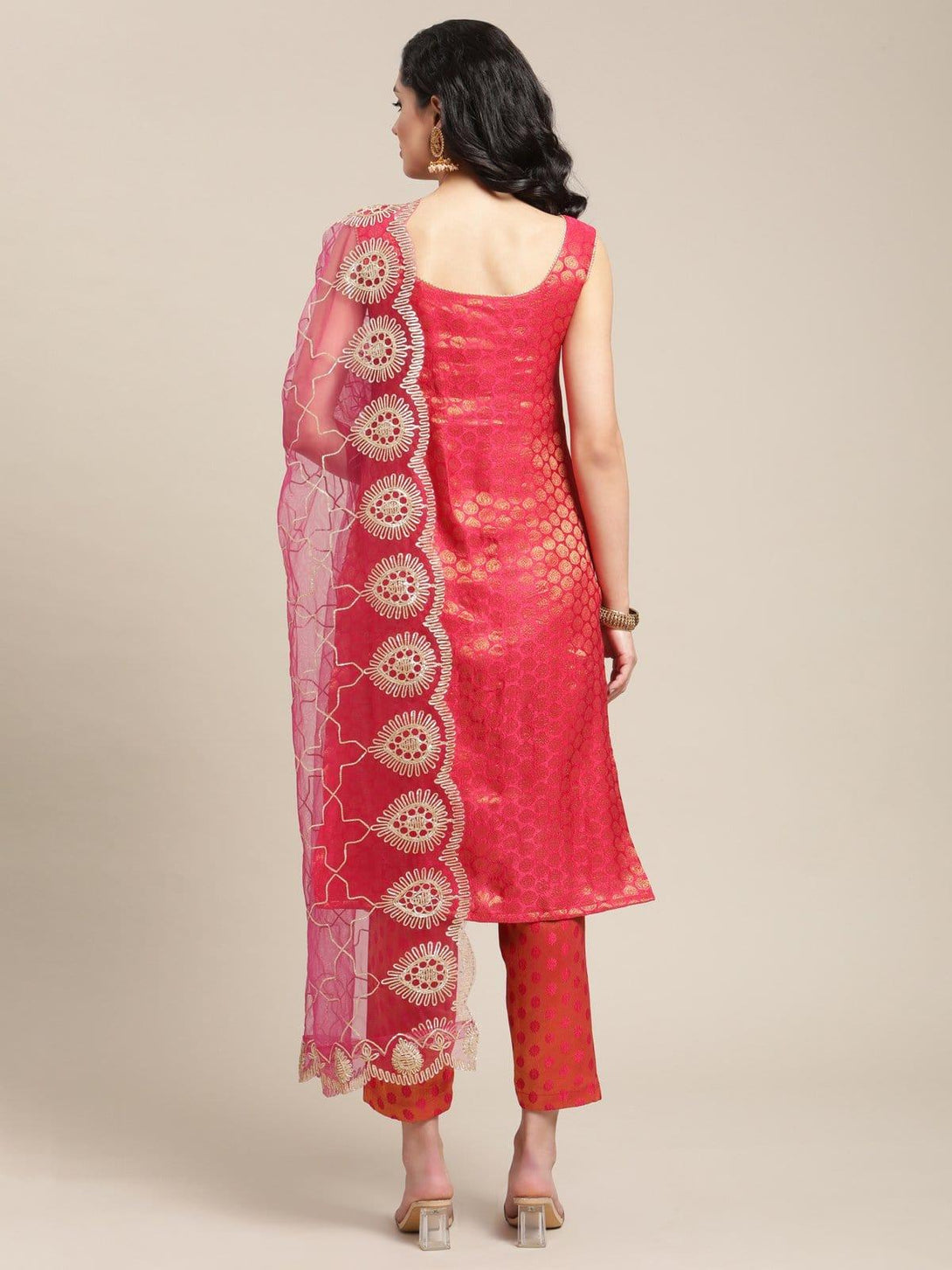 Pink Silk Jaquard Kurta Trouser Set With Heavy Gota Embellished Dupatta - Indiakreations