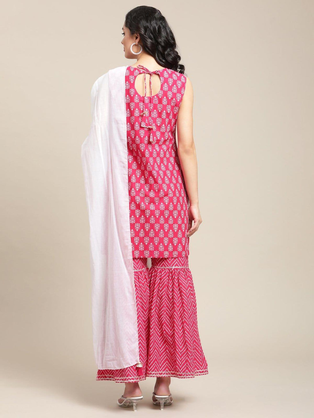 Pink Floral Printed And Gota Work Kurta Sharara Set With Off White Tassels Embellished Dupatta - Indiakreations