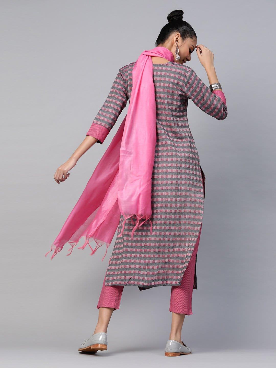 KSUT Grey And Pink Stripe Woven 3/4Th Sleeves Kurta With Slip On Trouser With Pink Silk Dupatta - Indiakreations