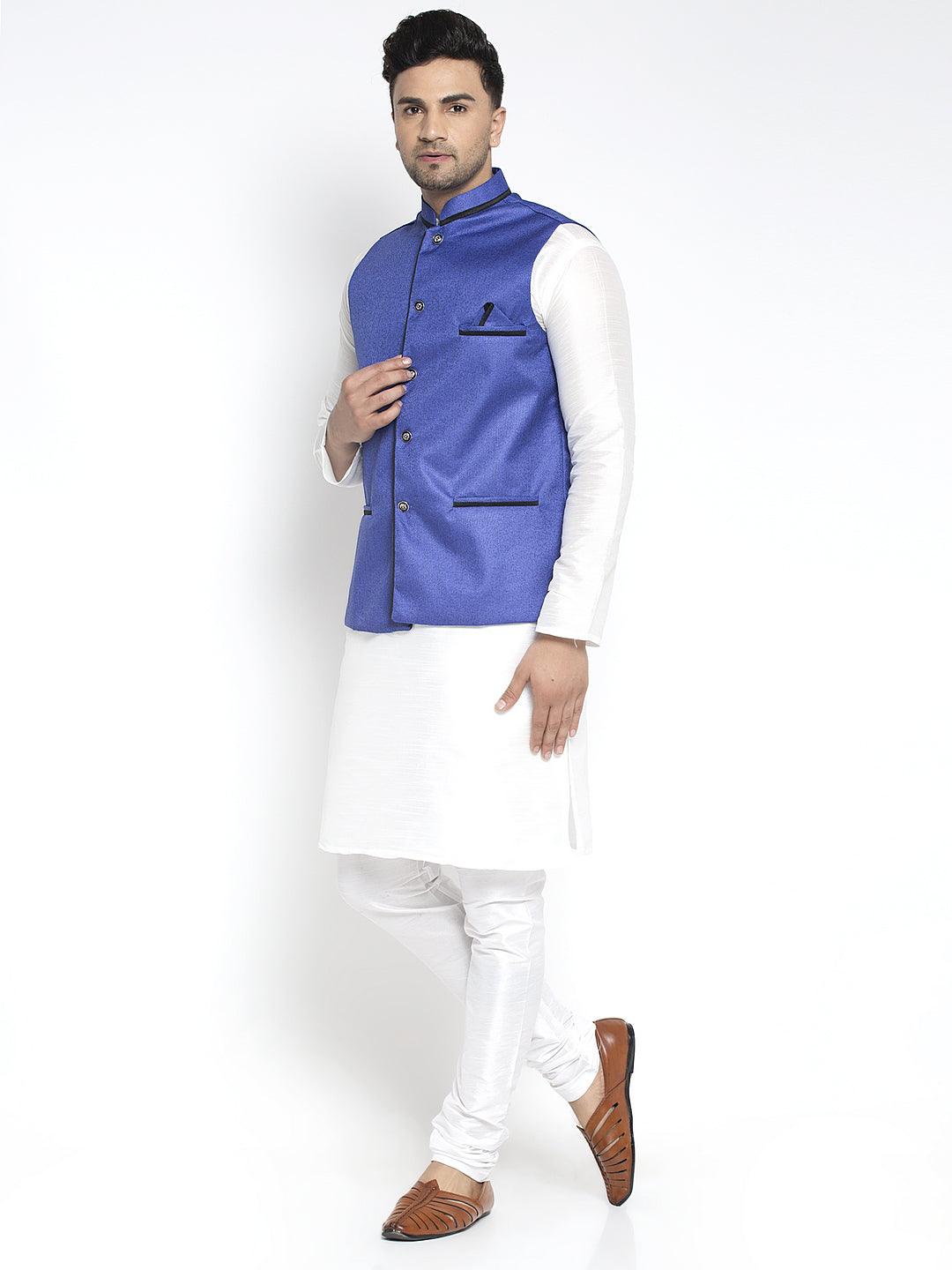 Men's Silk Blend White Kurta With Pyjama & Royal Blue Nehru Jacket - Benstoke - Indiakreations