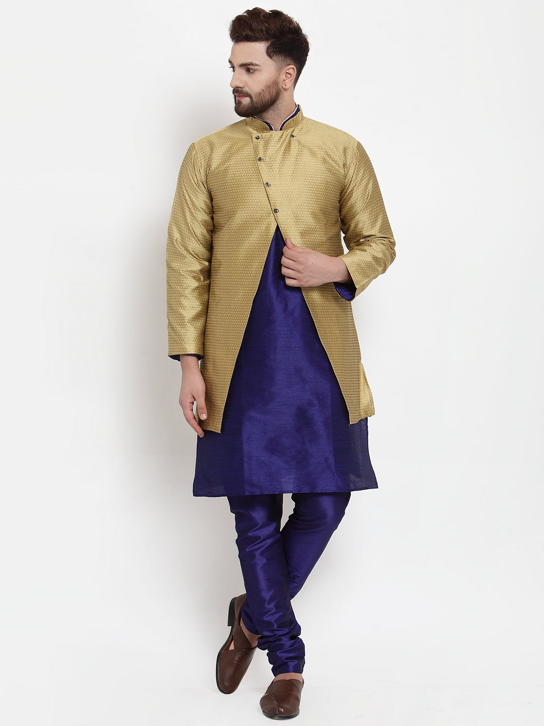 Men's Royal Blue Kurta With Pyjama & Gold Self Design Jacket - Benstoke