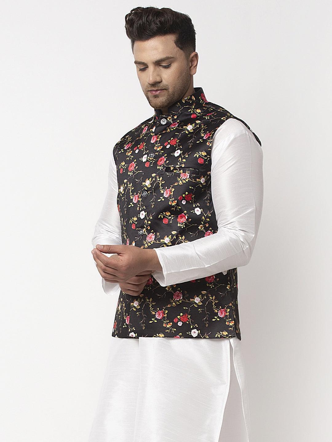 Men's Black & Multi Printed Nehru Jacket - Benstoke - Indiakreations