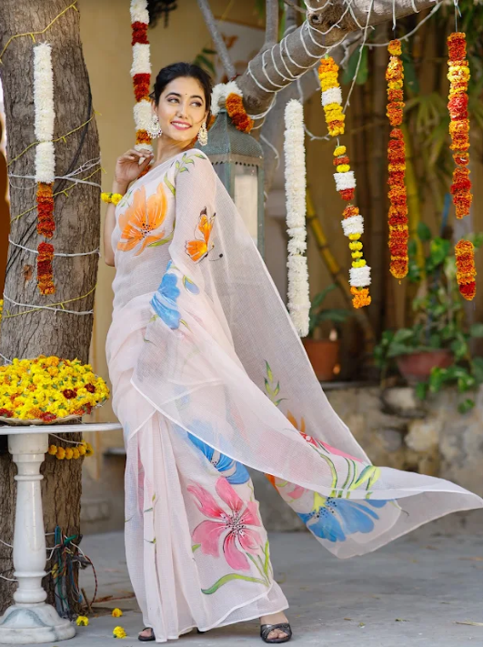 Women's Featuring A Sea Green Saree In Chanderi Base With Hand Painted Pink Flower Motifs - Pheeta