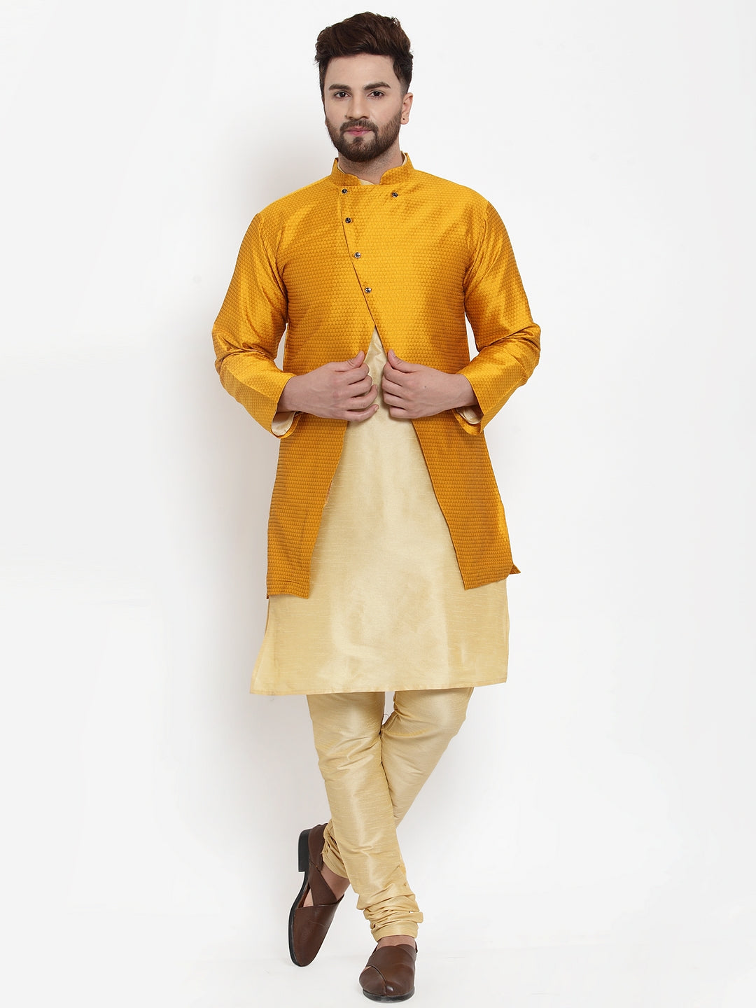 Men's Gold Kurta With Pyjama & Mustard Self Design Jacket - Benstoke